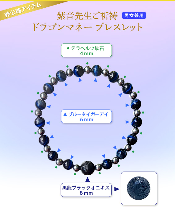 非公開アイテム/紫音先生ご祈祷ドラゴンマネー ブレスレット（男女兼用）/ブルータイガーアイ６ｍｍ/テラヘルツ鉱石４ｍｍ/黒龍ブラックオニキス８ｍｍ