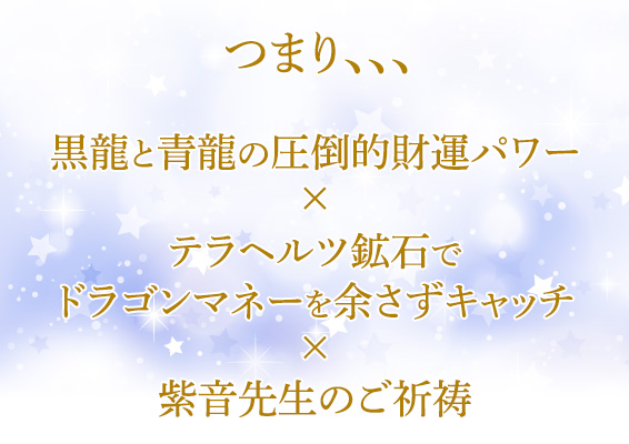 つまり、、、黒龍と青龍の圧倒的財運パワー×テラヘルツ鉱石でドラゴンマネーを余さずキャッチ×紫音先生のご祈祷