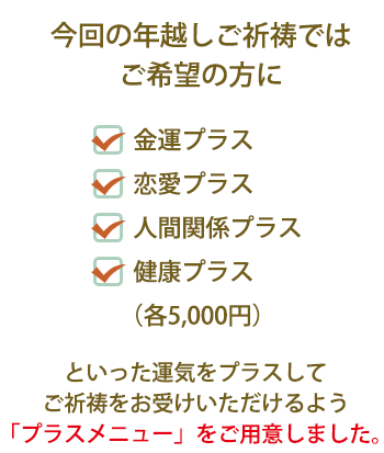 今回の年越しご祈祷ではご希望の方に/金運プラス/恋愛プラス/人間関係プラス/健康プラス（各5,000円）といった運気をプラスしてご祈祷をお受けいただけるようプラスメニュー」をご用意しました。